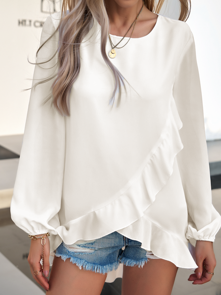 Women's Ruffle Trim Front Lantern Long Sleeve Blouse Loose Tunic Top HTLCKDMAX6