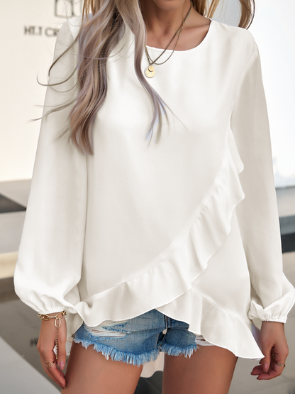 Women's Ruffle Trim Front Lantern Long Sleeve Blouse Loose Tunic Top HTLCKDMAX6
