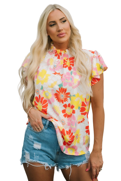 Purple Multicolor Stand Collar Flutter Sleeves Floral Top