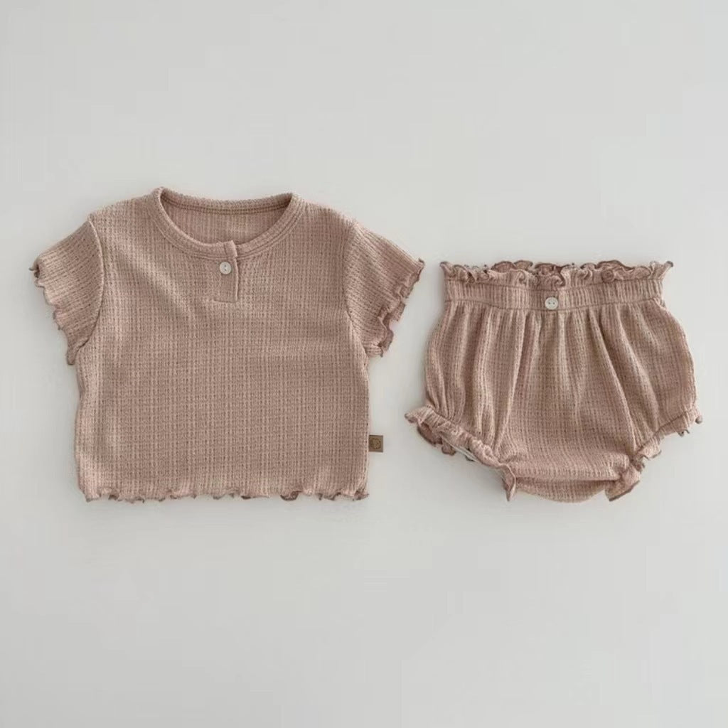 Solid Color Lace Shorts Solid Color Top Short Sleeve Soft And Comfortable Home