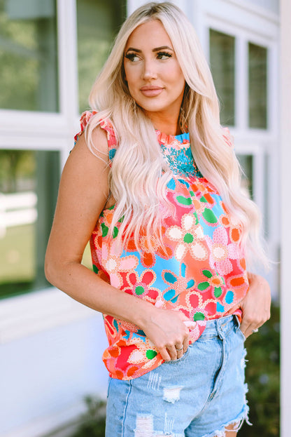Multicolor Floral Print Smocked Square Neck Ruffles Blouse