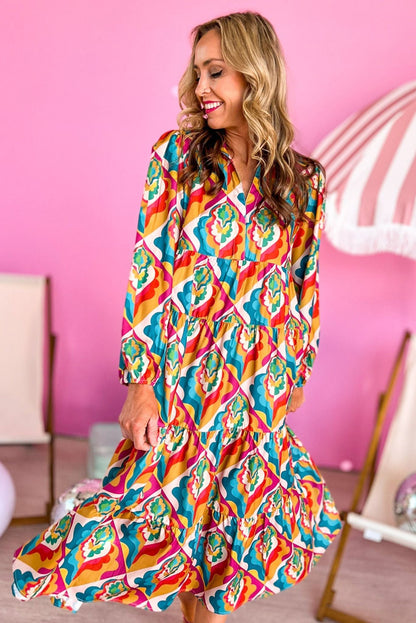 Multicolor Abstract Geometric Print Long Sleeve High Waist Dress