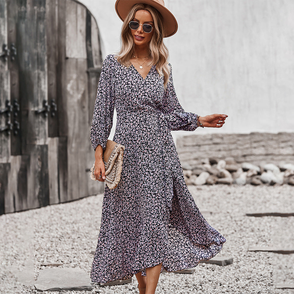 Autumn And Winter Floral Dress With Chest Wrap And Tie Large Swing Skirt Leisure Holiday Style