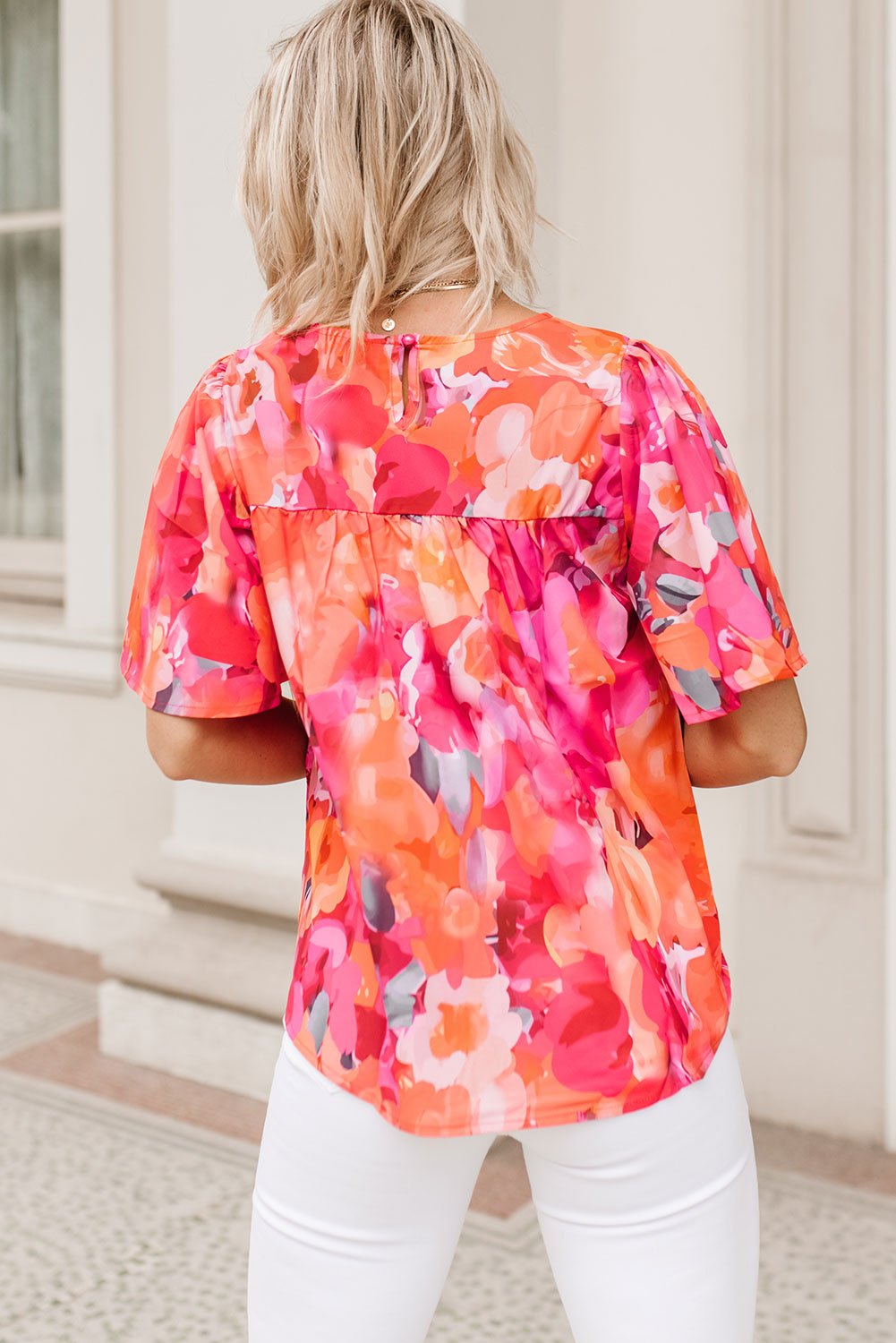 Red Floral Print Wide Sleeve Blouse