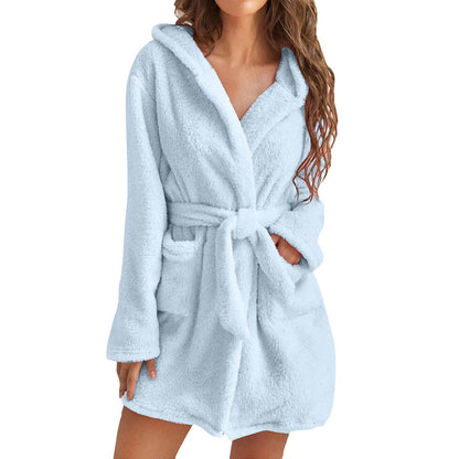 Plush Solid Color Hooded Home Warm Bathrobe Pajamas