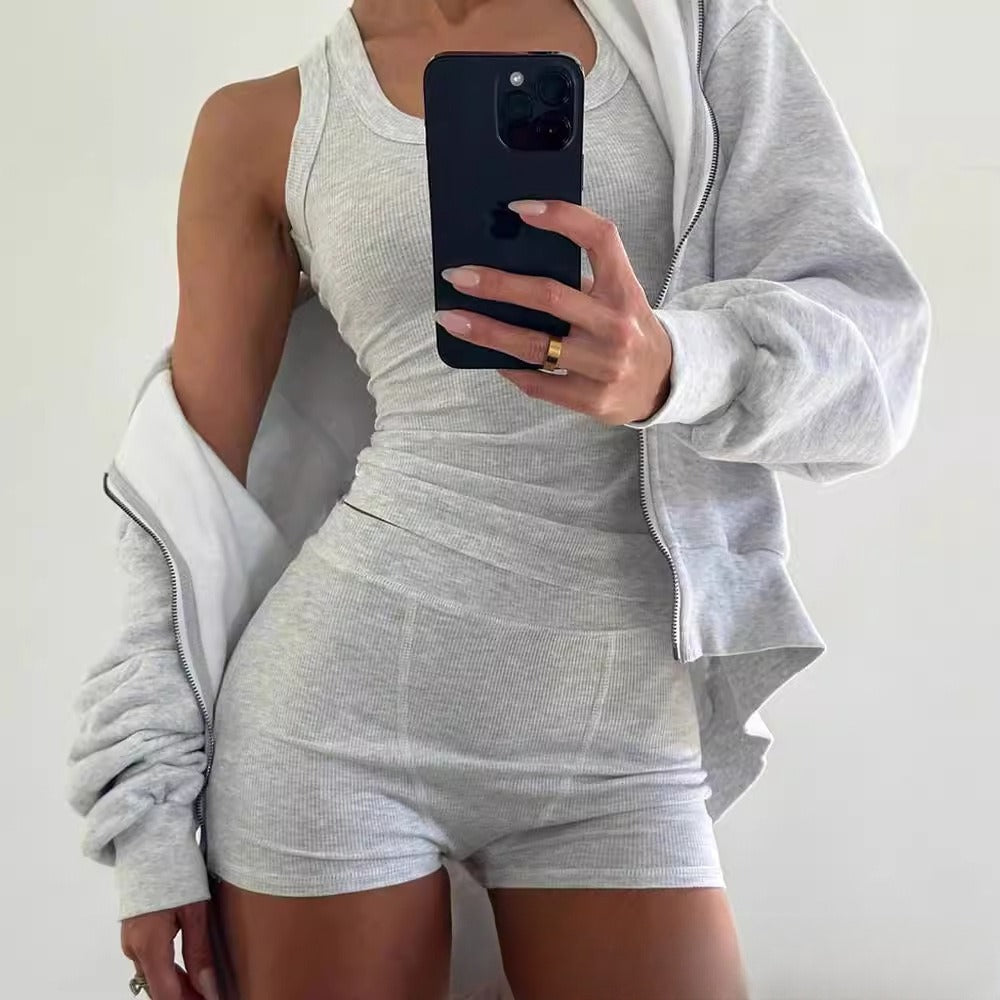 Light Gray U-Neck Ribbed Tank Top And Shorts 2-Piece Set