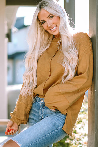 Chestnut Leopard Patchwork Chest Pocket Corded Henley Top