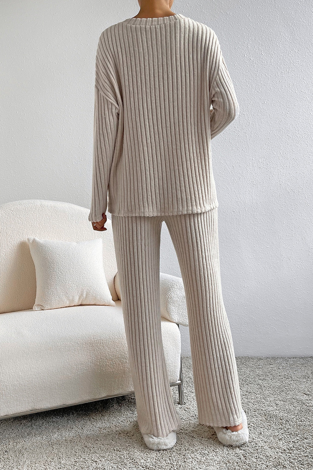 Apricot Ribbed Knit Loose Long Sleeve Top Skinny Pants Set