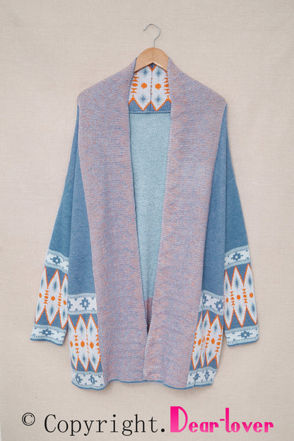Blue Aztec Print Open Front Knitted Cardigan