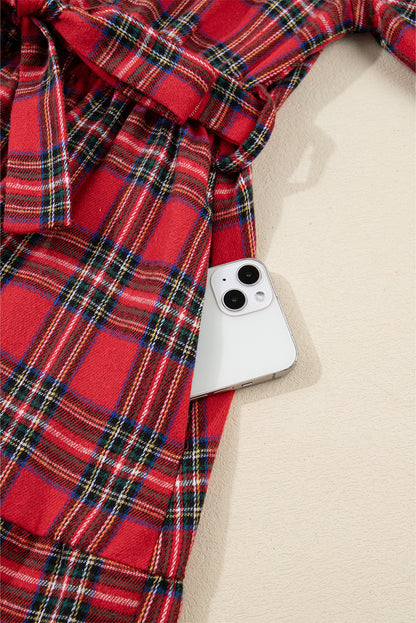 Red Christmas Plaid V Neck 3/4 Sleeve Tie Waist Ruffle Hem Long Dress