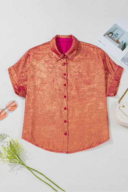 Rose Red Plus Size Metallic Sheen Short Sleeve Button Up Shirt