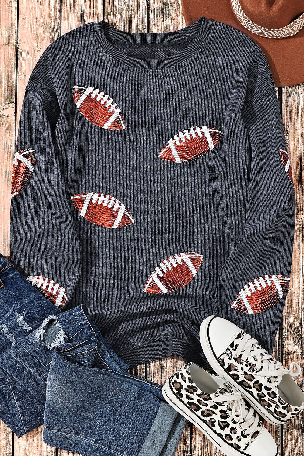 Black Sequin Rugby Graphic Pullover Sweatshirt
