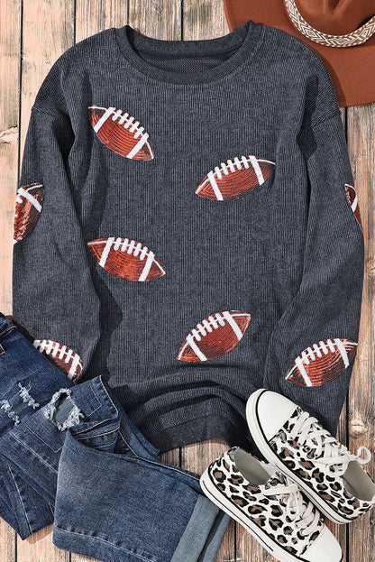 Black Sequin Rugby Graphic Pullover Sweatshirt