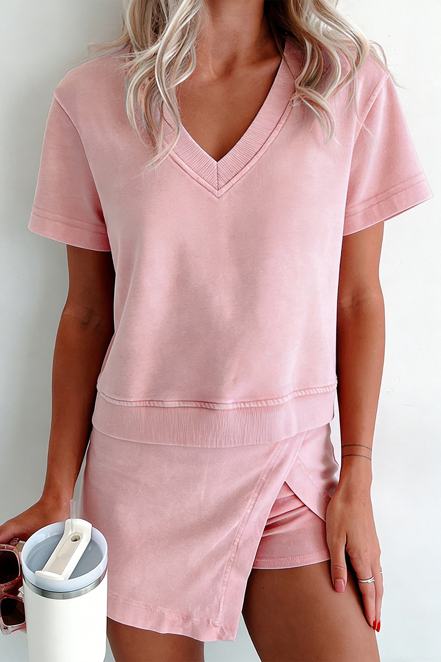 Light Pink Mineral Wash V Neck Tee Matching Skort Set