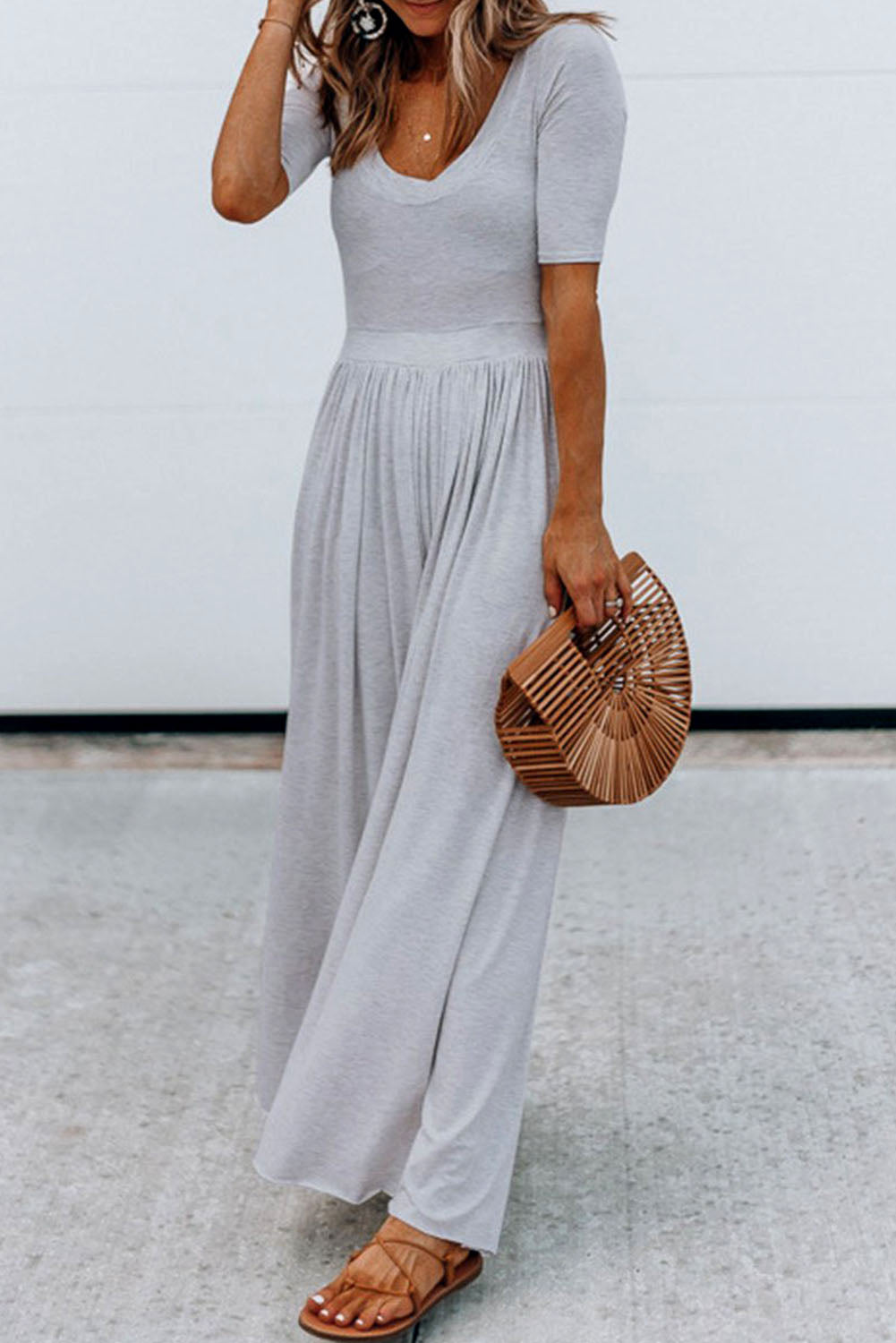 Gray Short Sleeve Bodice Flowy Wide Leg Jumpsuit