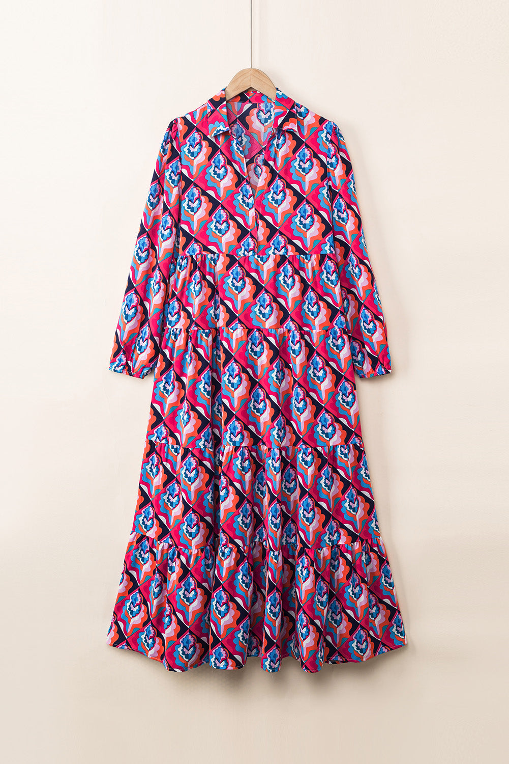 Multicolor Abstract Geometric Print Long Sleeve High Waist Dress