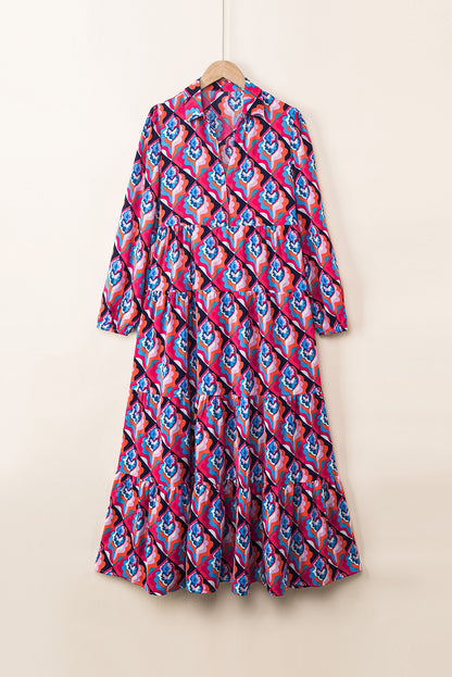 Multicolor Abstract Geometric Print Long Sleeve High Waist Dress