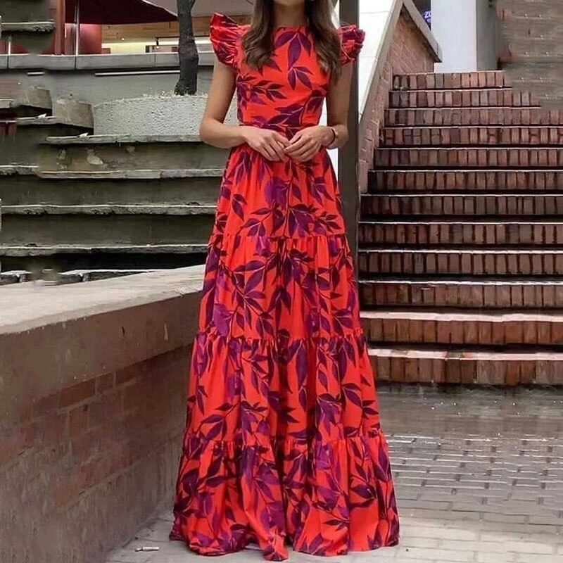 Women's Clothing Elegant Graceful Round-neck High Waist Slim-fit Printed Long Dress