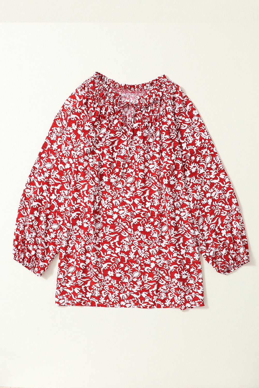 Russet Orange Floral Print Smocked Tie Neck Blouse