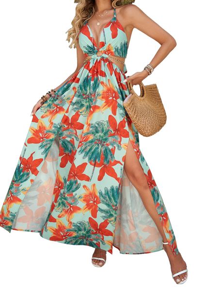 Printed Backless Side Slit Halter Dress H6VE68KF2K