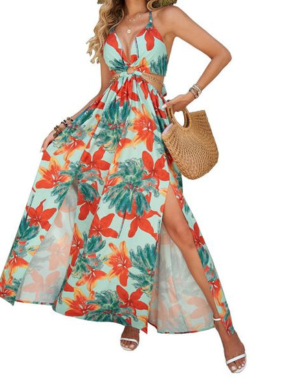 Printed Backless Side Slit Halter Dress H6VE68KF2K
