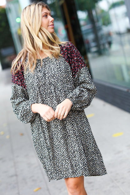 Black Ditzy Floral Bubble Sleeve Keyhole Woven Dress