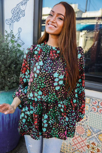 Diva Dreams Chocolate Floral Frill Bubble Sleeve Blouse