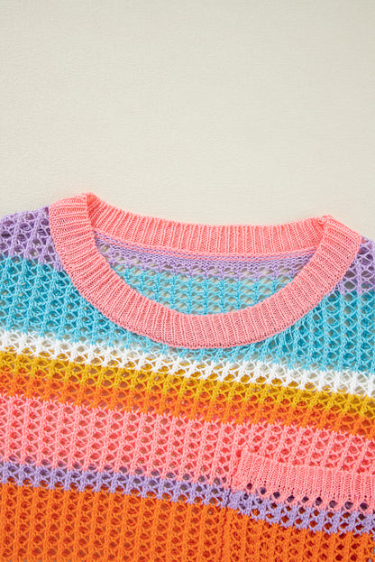 Pink Stripe Colorblock Hollowed Crochet 3/4 Sleeve Sweater