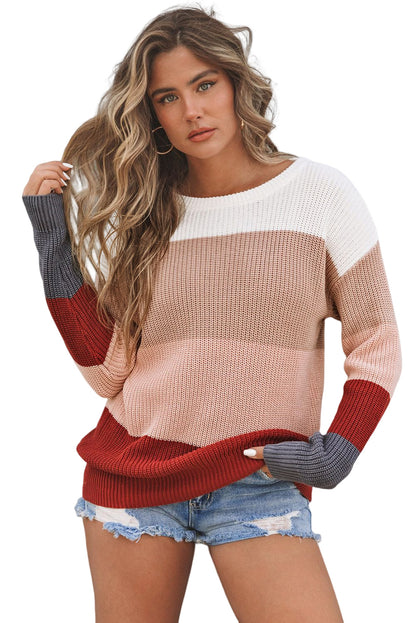 Color Block Knitted O-neck Pullover Sweater