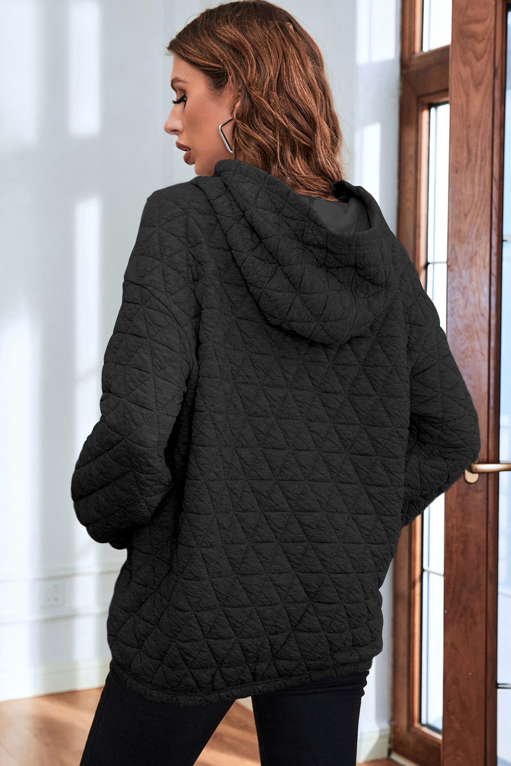 Light Grey Drop Shoulder Quilted Patchwork Kangaroo Pocket Hoodie