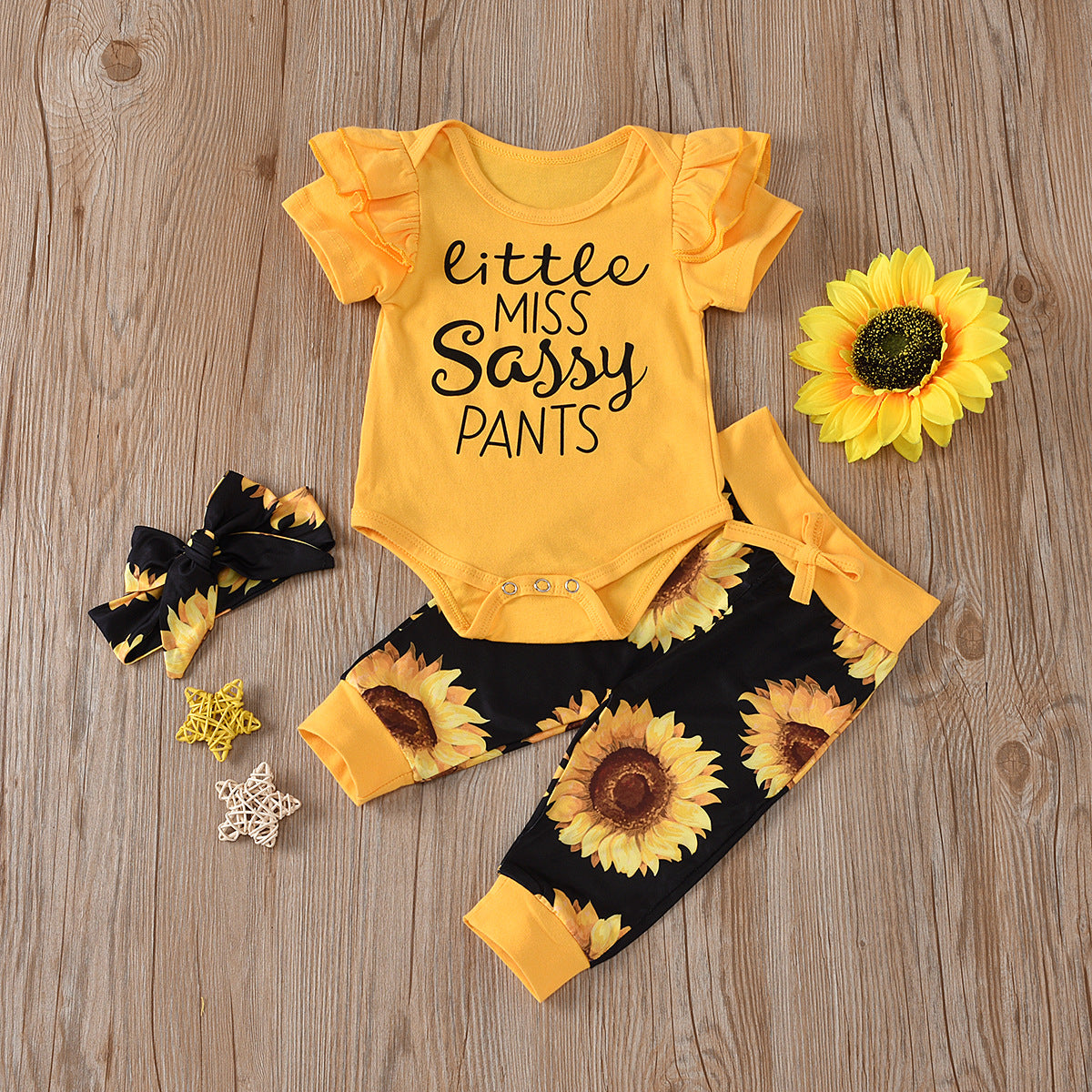 Baby Sunflower Print Romper Shorts Set
