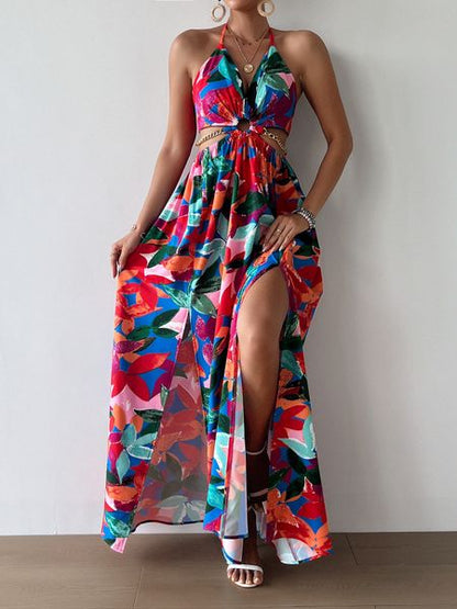 Printed Backless Side Slit Halter Dress H6VE68KF2K