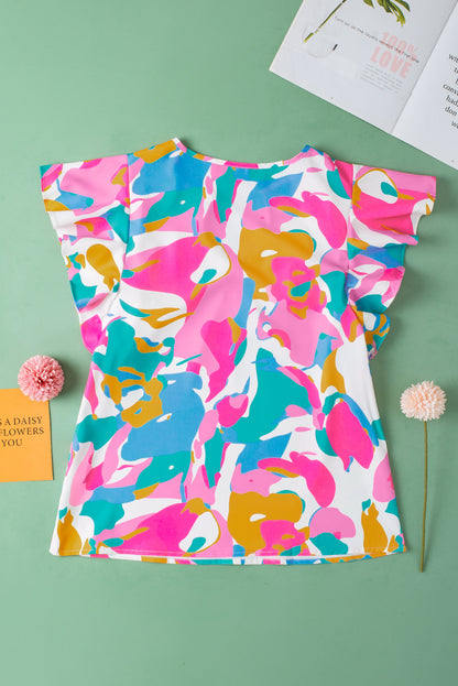 Multicolour Abstract Print Notched Neck Flutter Sleeve Blouse