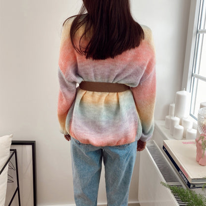 Autumn And Winter Rainbow Tie-dye Knitted Top Mid-length Cardigan Sweater