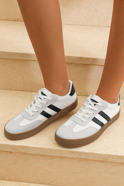 White Striped Lace-up Flat Sneakers