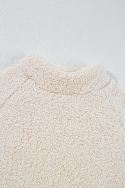 White Solid Fleece High Neck Drop Shoulder Pullover Sweatshirt