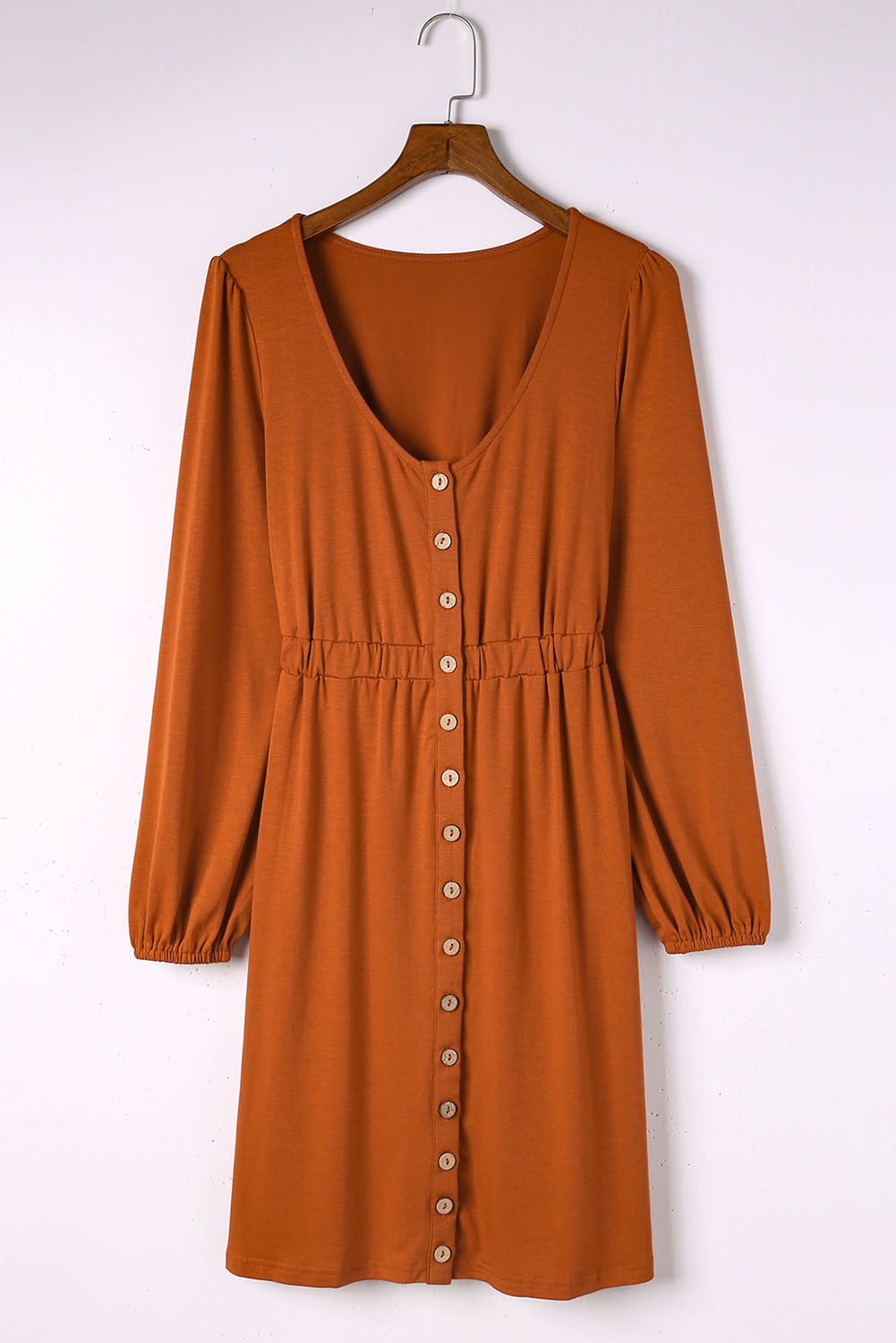 Orange Button Up High Waist Long Sleeve Dress