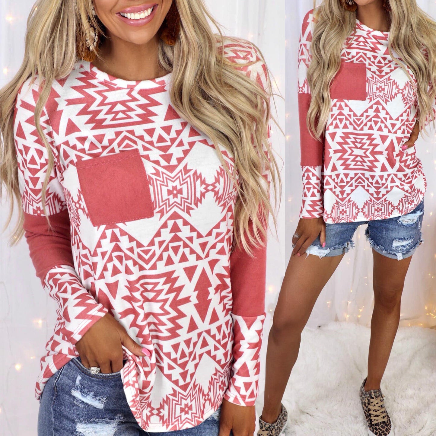 Spliced Printed Long-Sleeved Pocket Casual Top T-Shirt