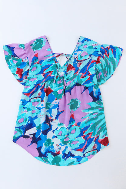 Red Abstract Floral Print V Neck Plus Blouse