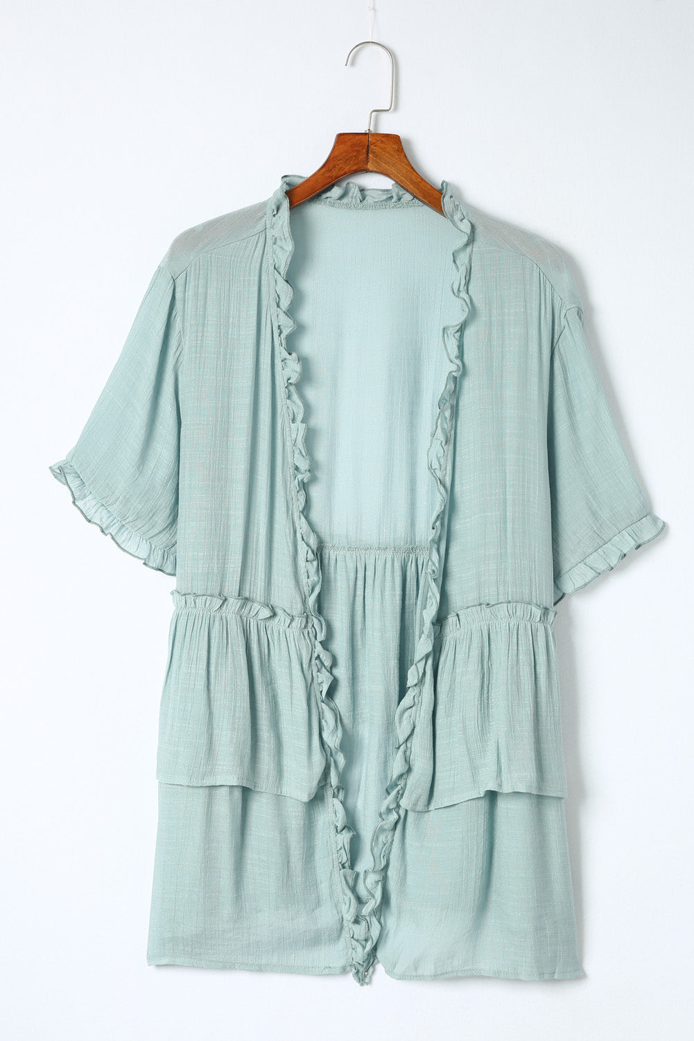 Gray Ruffled Trim Half Sleeve Open Front Kimono
