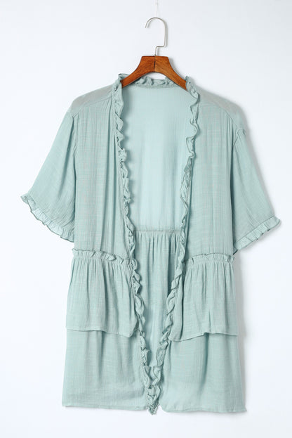 Gray Ruffled Trim Half Sleeve Open Front Kimono