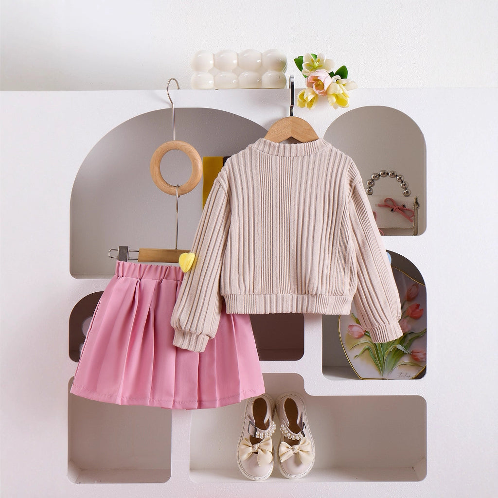 Long Sleeve Coat Solid Color Pleated Skirt Two-piece Set