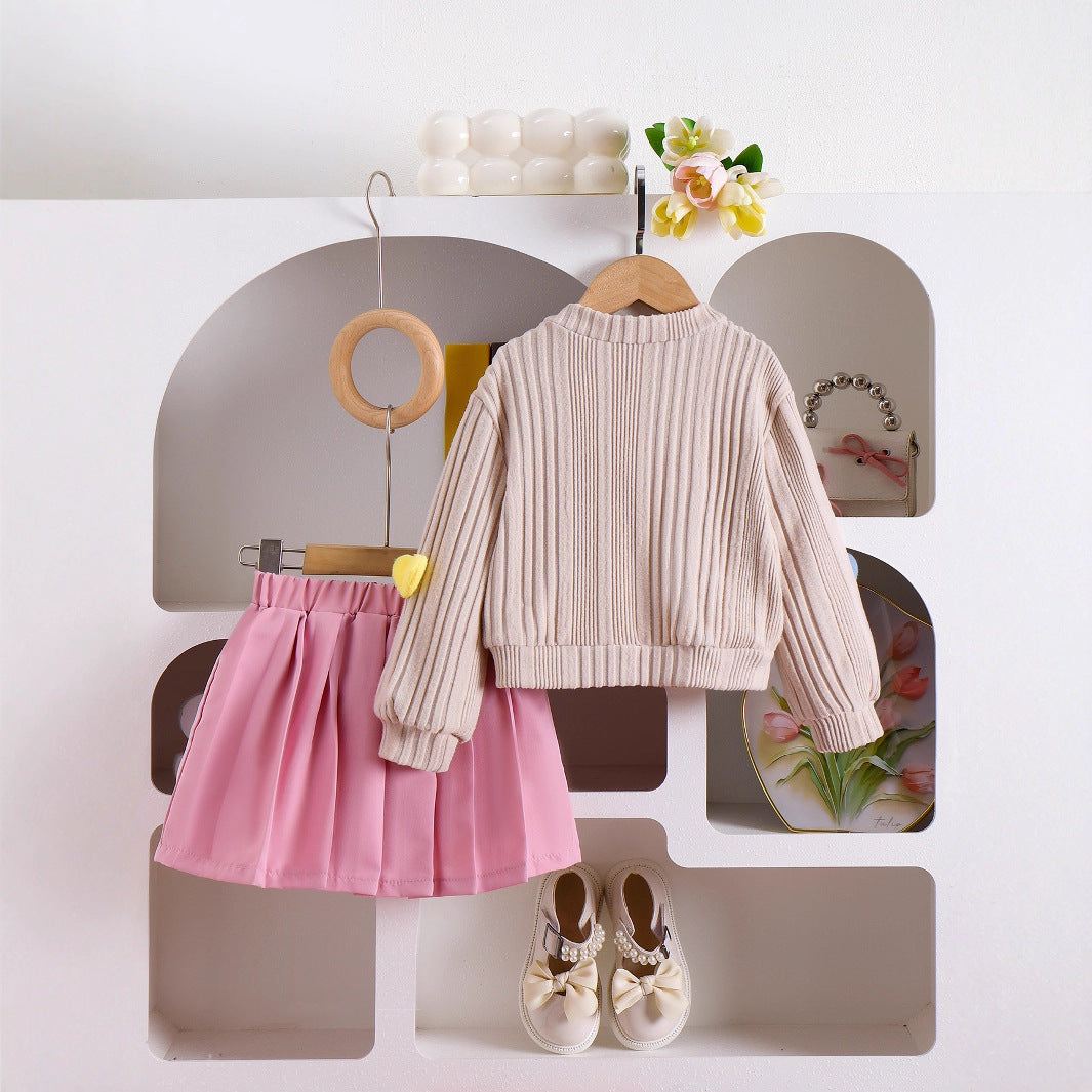 Long Sleeve Coat Solid Color Pleated Skirt Two-piece Set