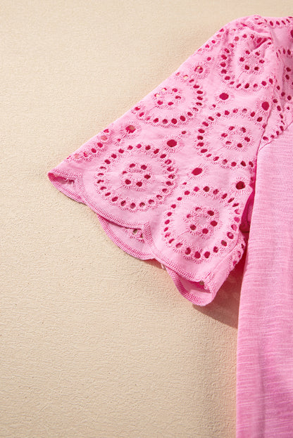 Pink Eyelet Embroidery Scalloped Sleeve Round Neck T Shirt