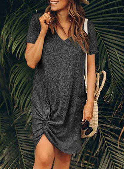 New Style Irregular Hem Twist Short-Sleeved Dress Women's Clothing