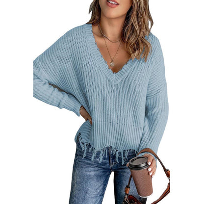 Autumn And Winter Fashion Women's Tassel Ripped Sweater Knitted
