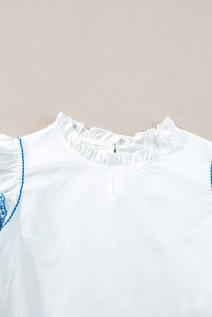 White Embroidered Ruffled Sleeve Frilled Collar Blouse
