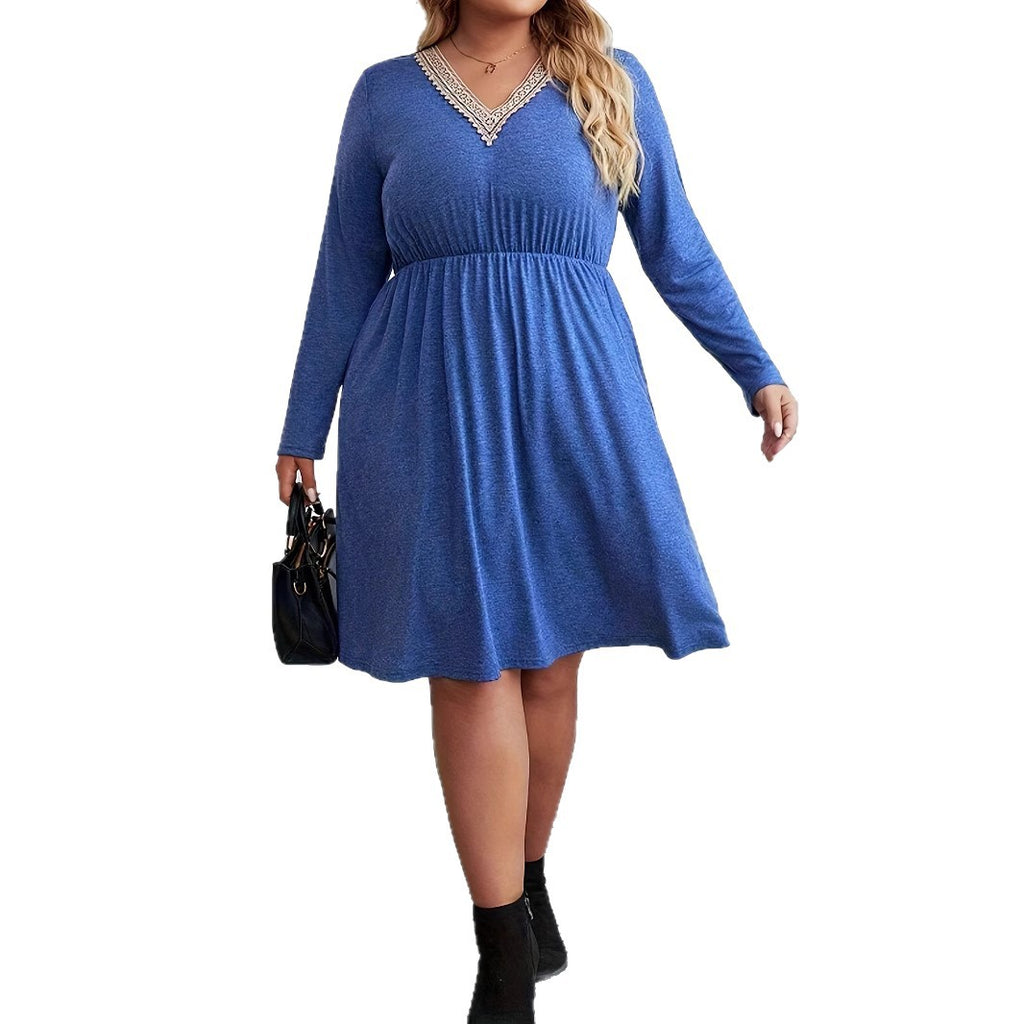 Womens V-neck Long-sleeve Knit Dress With Lace-trimmed Neckline