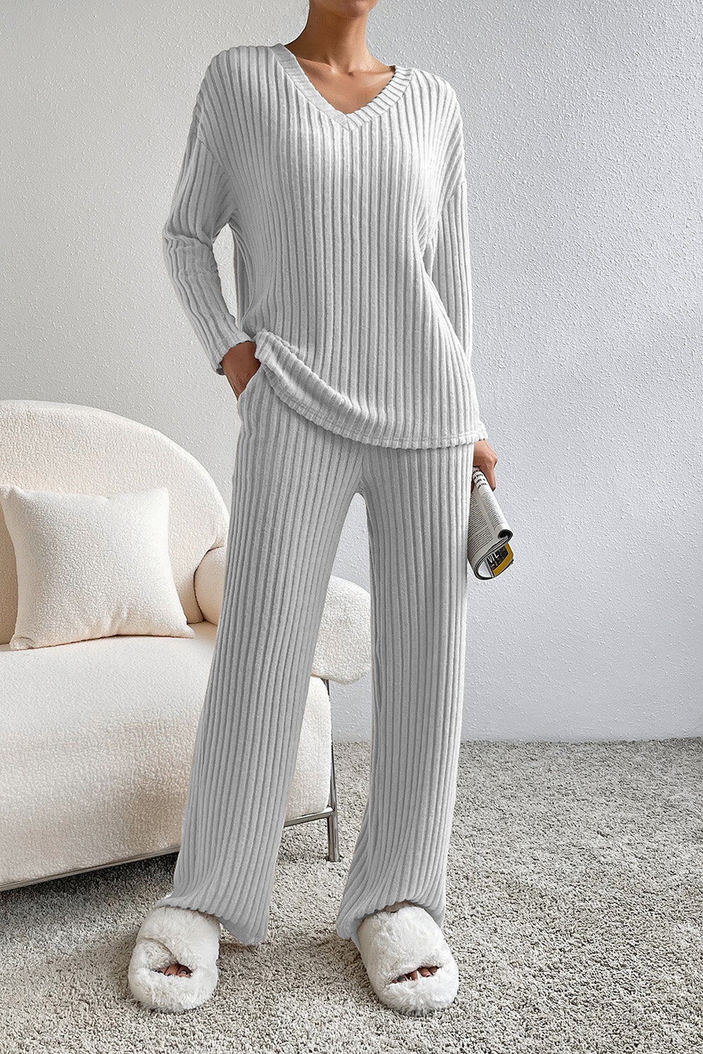 Pink Plain Ribbed Loose Fit Two Piece Lounge Set