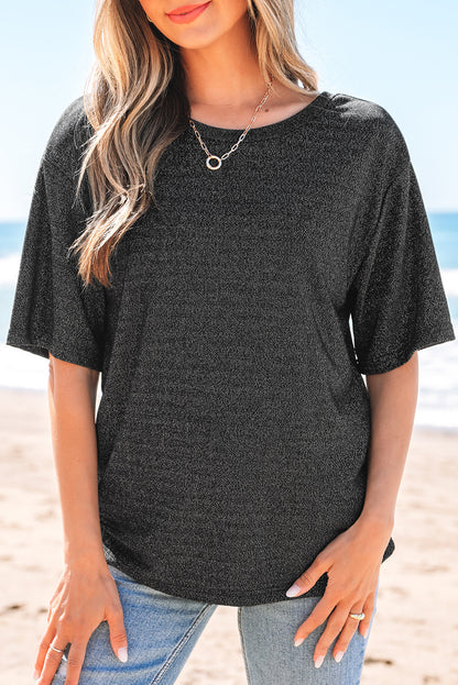 Black Bow Decor Glittery Short Sleeve Top